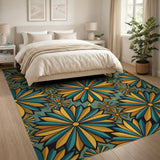 Blue and Teal Gold Starburst Geometric Area Rug