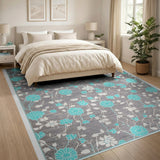Teal Floral Grey Area Rug
