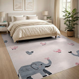 Cute Cartoon Elephants Birds Pink Nursery Rug