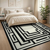 Intricate Black White Labyrinth Maze Rug