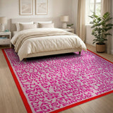 Pink Glitch Typography Area Rug with Red Border