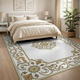 Gold and Silver Ornate Gold Floral Medallion Rug