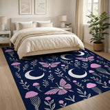 Whimsical Navy Rug with Pink Butterflies Mushrooms Moons