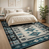Blue and Teal Teal Black Southwestern Geometric Area Rug