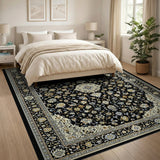 Opulent Black Persian Area Rug with Ivory Gold Florals
