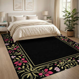 Pink Floral Gold Border Black Area Rug