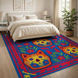Vibrant Calavera Cat Skull Floral Rug