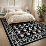Ornate White Hearts Black Area Rug