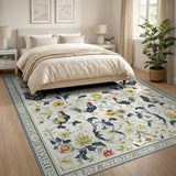ODIKA Vintage Rooster Floral Washable Rug - Low Pile Non-Slip Area Rug