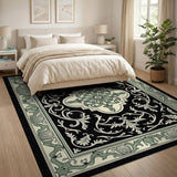 Ornate Black Persian Area Rug with Green Medallion