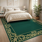 Elegant Emerald Green Rug with Gilded Ornate Border