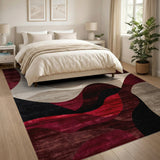 ODIKA Modern Abstract Wave Washable Area Rug - Low Pile, Non-Slip, Burgundy & Black