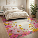 Pink Peony Yellow Mimosa Floral Border Rug