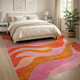 ODIKA Pink & Orange Abstract Wavy Washable Area Rug - Low Pile Non-Slip