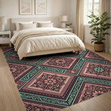 Teal Burgundy Mandala Diamond Area Rug