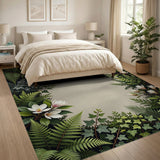 Lush Green Fern Magnolia Floral Border Rug