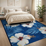 Navy Hibiscus Blooms with Palm Leaves Area Rug