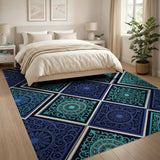 Teal Blue Mandala Diamond Tile Rug