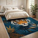 Bold Teal Tiger with Palm Leaves Area Rug