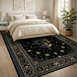 Washable Gothic Skull Area Rug Black and Gold Low Pile Non-Slip