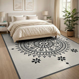 Black Mandala Lotus Area Rug on Cream