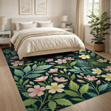 Pink Blossom Fern Palm Leaf Area Rug