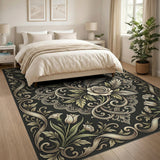 Ornate Black Ivory Floral Damask Area Rug