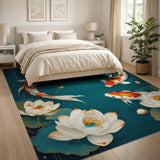 Koi Fish Lotus Blue Teal Area Rug