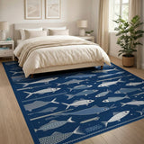 ODIKA Washable Nautical Fish Area Rug, Navy Blue Coastal Low Pile Non-Slip Rug