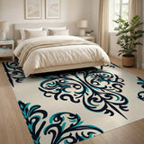 Teal Damask Area Rug with Black Accents
