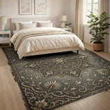 Ornate Gold and Silver Ornate Gold Medallion Persian Area Rug