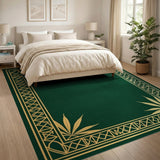 Emerald Green Art Deco Rug with Gold Geometric Frame Leaf Motifs