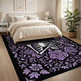 ODIKA Gothic Skeleton Floral Washable Area Rug - Purple Low Pile Non-Slip Rug