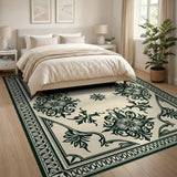 Ornate Black Floral Persian Area Rug on Cream Beige