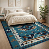 Blue and Teal Teal Southwestern Diamond Geometric Area Rug