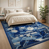 Navy Blue Chinoiserie Pagoda Peony Rug