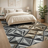 Faceted Geometric Diamond Area Rug Grey Gold