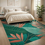 Coral and Teal Leaf Boho Area Rug