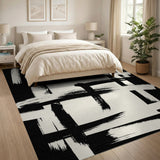Modern Black & White Abstract Brushstroke Washable Area Rug