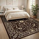 Ornate Brown Cream Persian Medallion Rug