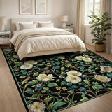 Elegant White Blossom Floral Area Rug on Black