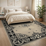 Ornate Beige and Neutral Ornate Floral Border Beige Area Rug