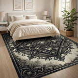 Ornate Baroque Black White Distressed Area Rug