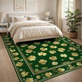 ODIKA Emerald Green & Gold Shamrock Washable Area Rug - Low Pile Non-Slip Clover Carpet