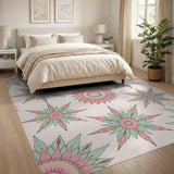 ODIKA Boho Floral Pink & Mint Washable Area Rug - Low Pile Non-Slip Pet Friendly Rug