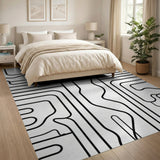 Abstract Geometric Line Art Black White Area Rug