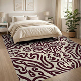 Cream Beige Traditional Persian Rug with Maroon Swirls