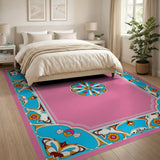 Ornate Pink Persian Area Rug with Teal Border