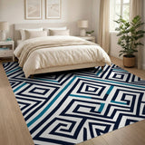 Navy Teal Geometric Maze Area Rug