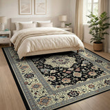 Black Field Persian Floral Medallion Area Rug